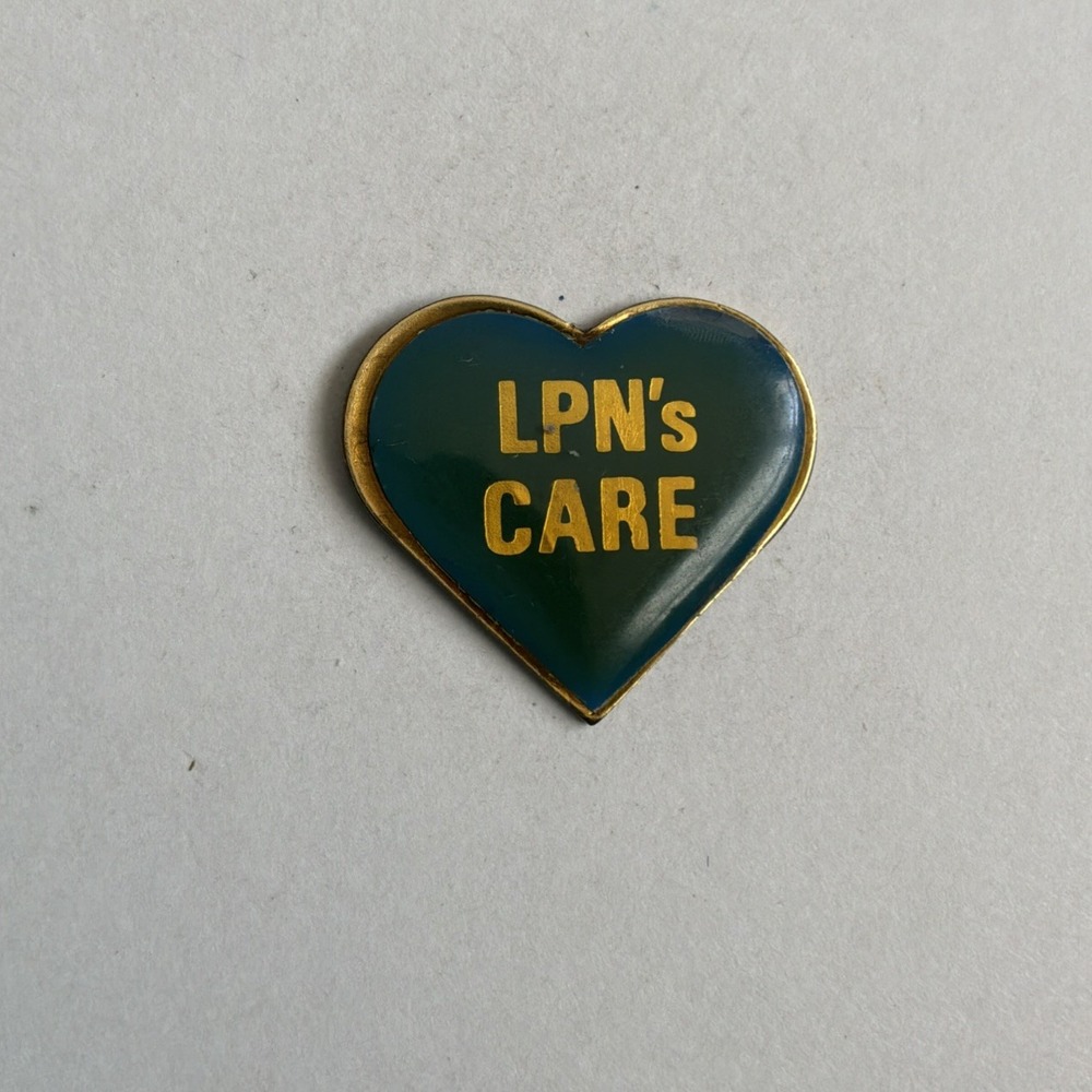 Vtg Nurse Pin LPN's CARE Heart Teal Gold Hat Lapel Pinback Tie Tac